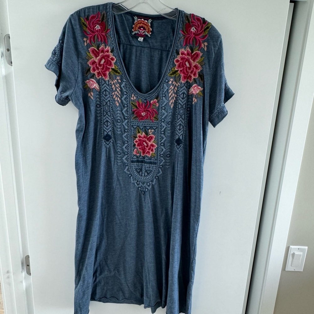 Johnny Was embroidered cap sleeve dress, beautiful blue, size M